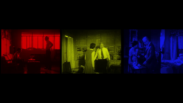 Three-part film still in red, yellow and blue from ANARCHIST: two people in a living room; a man and a woman talking to each other and a man and a woman in a room with a teapot and cups in front of them.