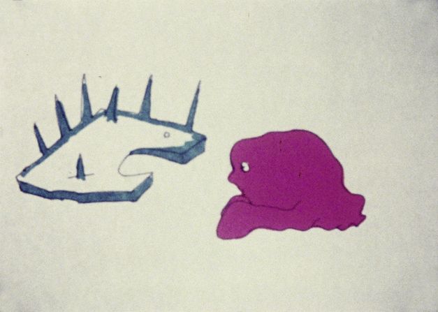 Film still from "Encounter" by Maria Lassnig. It shows a drawn animation of two figures. A square with spikes and a face and a pink blob with a face. They are looking at each other.