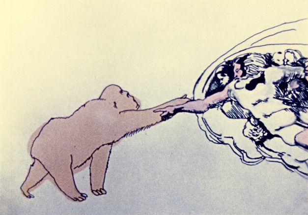 Film still from "Art Education" by Maria Lassnig. The drawing shows a monkey and a saint on a cloud with their arms outstretched towards each other.