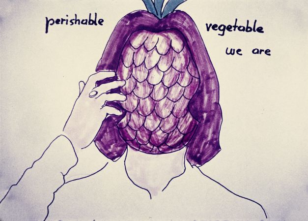 Film still from "Selfportrait" by Maria Lassnig. It shows a drawing with a portrait of a person who has a pineapple for a face.