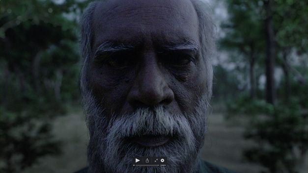Film still from "In the Belly of a Tiger" by Siddartha Jatla. It shows a close-up of the face of a man with a gray beard. 