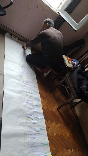 The director kneels on the floor on a spread out roll of paper and analyzes the structure of his film.