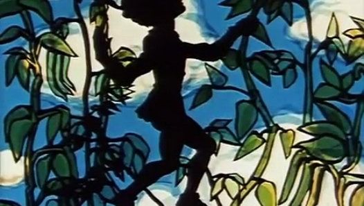 Film still aus from the animation film JACK AND THE BEANSTALK: The silhouette of a boy against plants and blue sky.