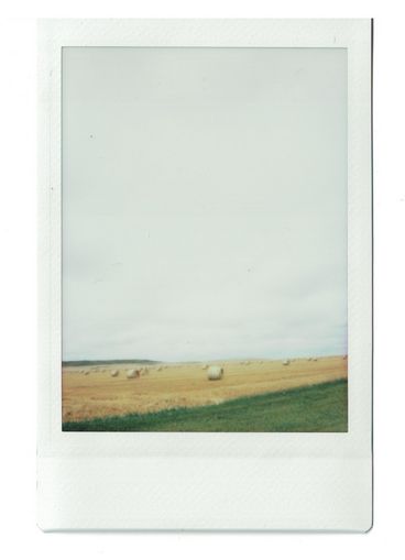 Polaroid of hay bales in a field, with the image dominated by a big white sky.