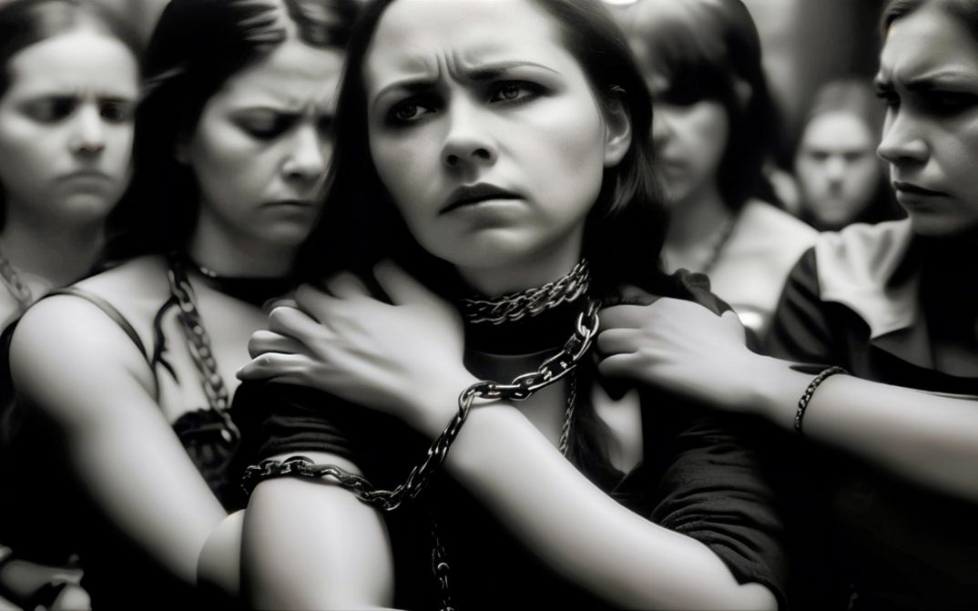 An AI-generated black and white image of a group of women in chains. One stands in the foreground and looks out of the image on the left.