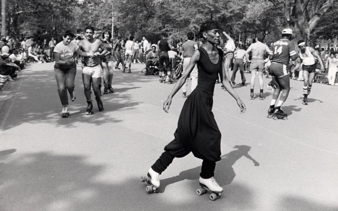 Film still from CENTRAL PARK. A group of roller skaters in Central Park.