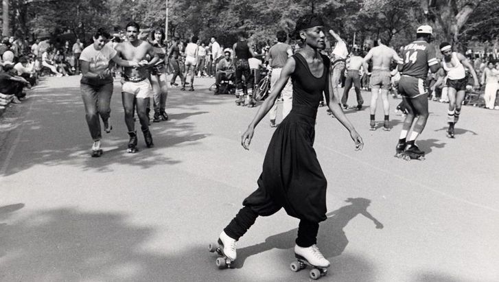 Film still from CENTRAL PARK. A group of roller skaters in Central Park.