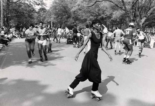 Film still from CENTRAL PARK. A group of roller skaters in Central Park.