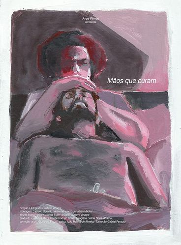 A pink and grey painting of a shirtless man laying against another in bed.