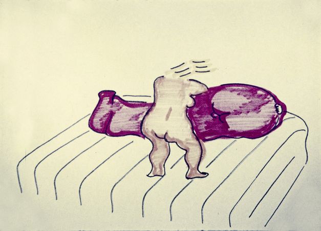 Film still from "Couples" by Maria Lassnig. It shows a sketch of a naked person from behind.
