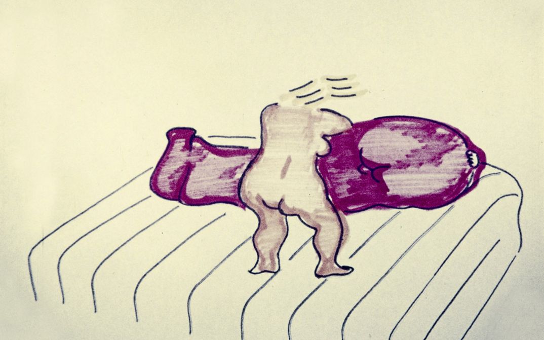 Film still from "Couples" by Maria Lassnig. It shows a sketch of a naked person from behind.