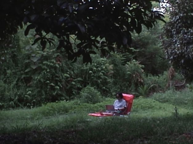 Film still from Tulapop Saenjaroen’s „Mangosteen“. In the center of the image is a person on a red lounger with a laptop on their lap. Surrounding them is a meadow, bordered by overgroth occupying the rest of the image.