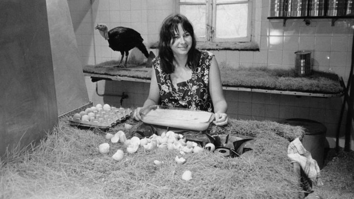 Film still from 7 P., CUIS., S.DE B... À SAISIR. A woman sits in a simple kitchen, in front of her a lot of broken eggs. A turkey can be seen in the background.