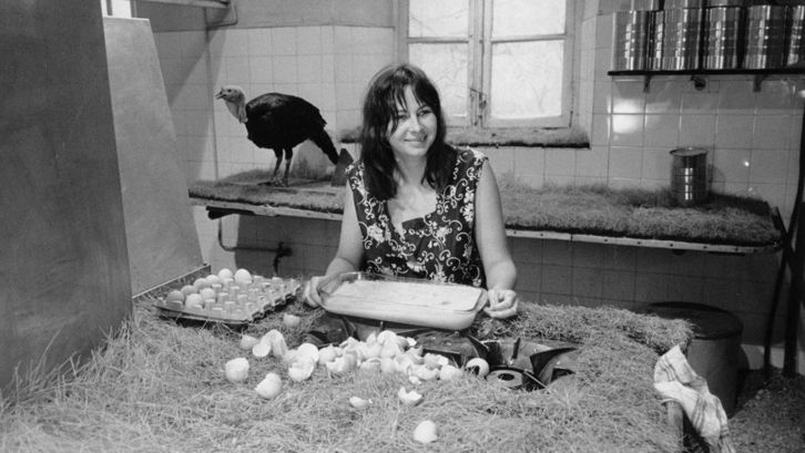 Film still from 7 P., CUIS., S.DE B... À SAISIR. A woman sits in a simple kitchen, in front of her a lot of broken eggs. A turkey can be seen in the background.