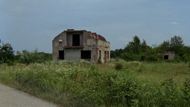 Film still from THOSE SHOCKING SHAKING DAYS. The ruin of a house stands in the middle of an overgrown meadow.