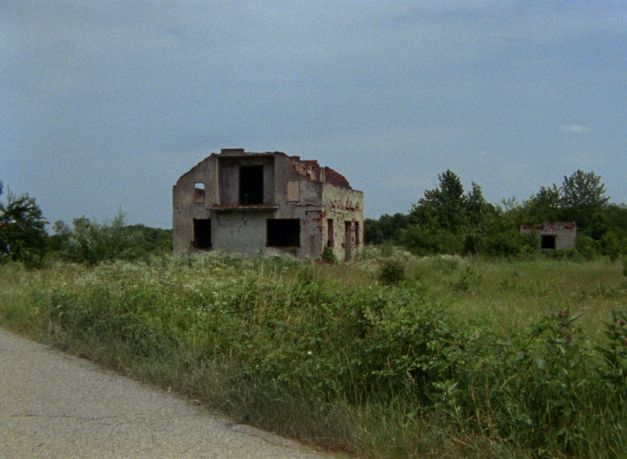Film still from THOSE SHOCKING SHAKING DAYS. The ruin of a house stands in the middle of an overgrown meadow.