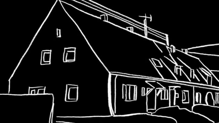 Die Skizze eines Hauses, mit weißem Stift auf schwarzen Grund gezeichnet.