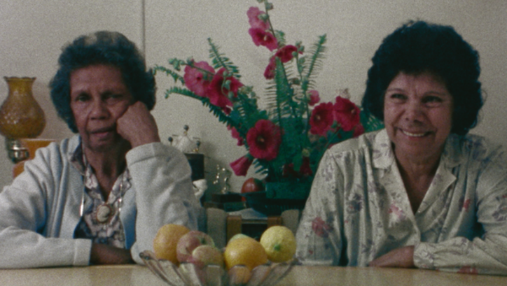 Filmstill aus LOUSY LITTLE SIXPENCE: Zwei Frauen sitzen an einem Tisch und blicken in die Kamera. Hinter ihnen ist ein Blumengedeck.