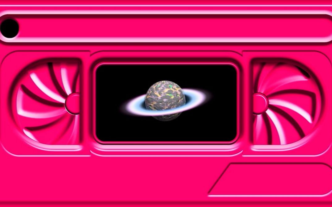 Filmstil aus dem Film "VCR’s Choice" von Charlton Diaz. Eine animierte, pinke Videokassette auf der ein Bild eines Planeten zu sehen ist.