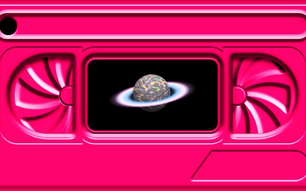 Still from the film "VCR’s Choice" by Charlton Diaz. An animated pink videocassette showing an image of a planet.