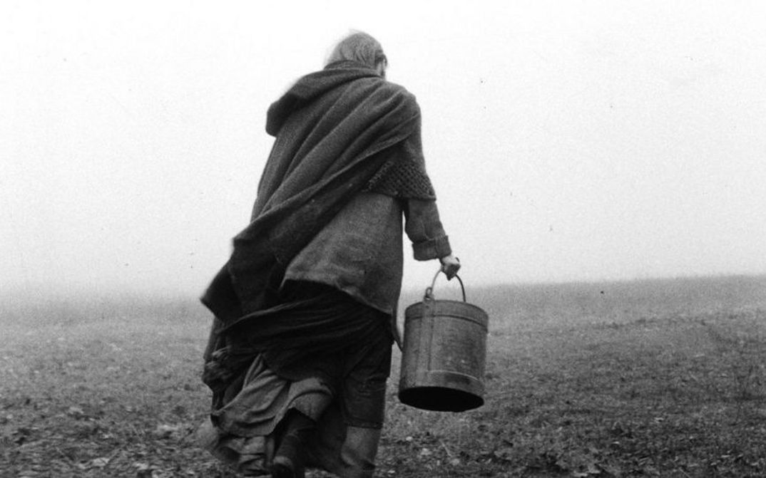 Filmstill aus DAS TURINER PFERD: Man sieht eine Person von hinten, die einen Eimer über ein Feld trägt.