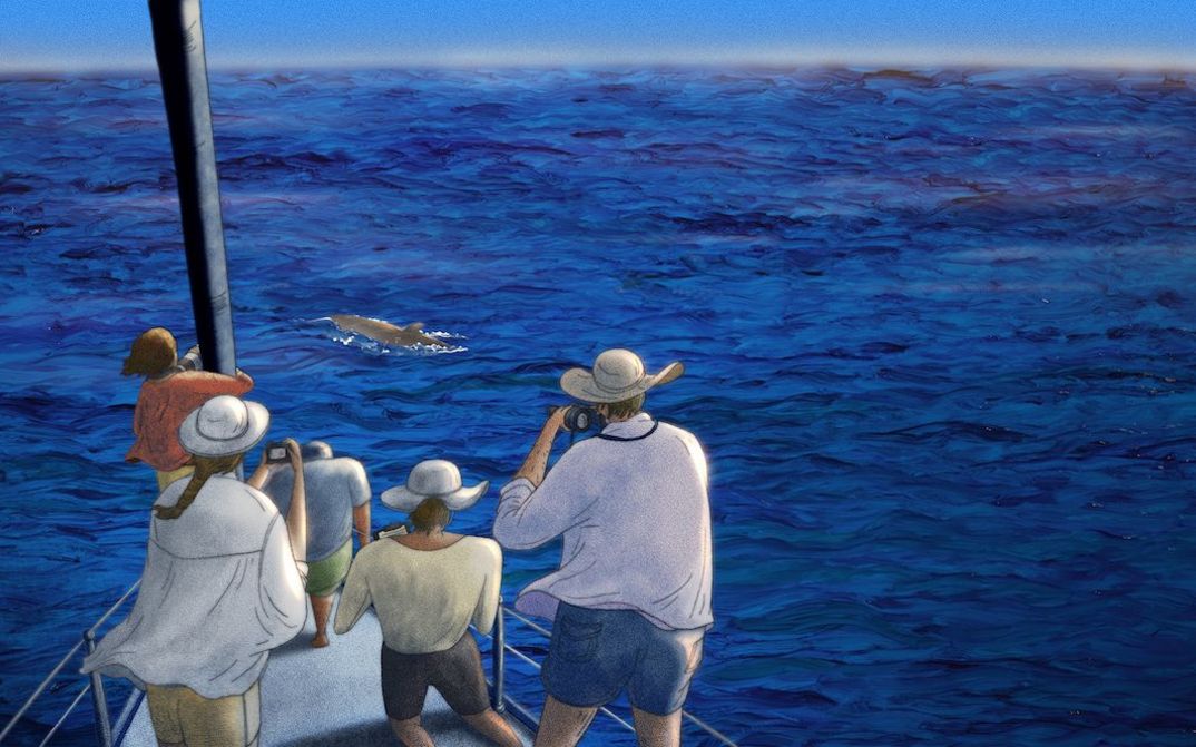 Film still from ELECTRIC WATER: View of a colorful drawing. Several people can be seen at the bow of a ship watching a shark in the sea.