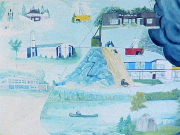 Filmstill aus dem Film "Surface Rites" von Parastoo Anoushahpour, Faraz Anoushahpour und Ryan Ferko. Ein gemaltes Bild von Häusern und einer Kirche.
