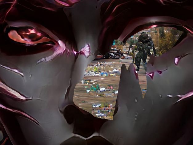 Nahaufnahme eines computer generierten Gesichts, Szene mit Soldat im Hintergrund sichtbar.