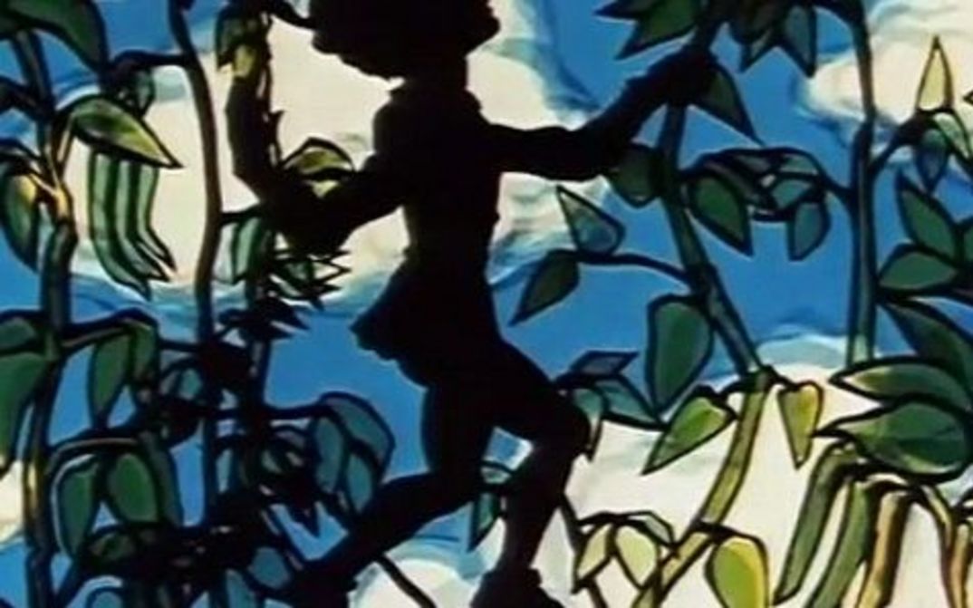 Film still aus from the animation film JACK AND THE BEANSTALK: The silhouette of a boy against plants and blue sky.