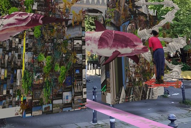 Still from “Alternative Monument for Germany (AMfG)” by Alternative Monument. Through their smartphones, two people explore the augmented reality installation. They stand before one of the monument