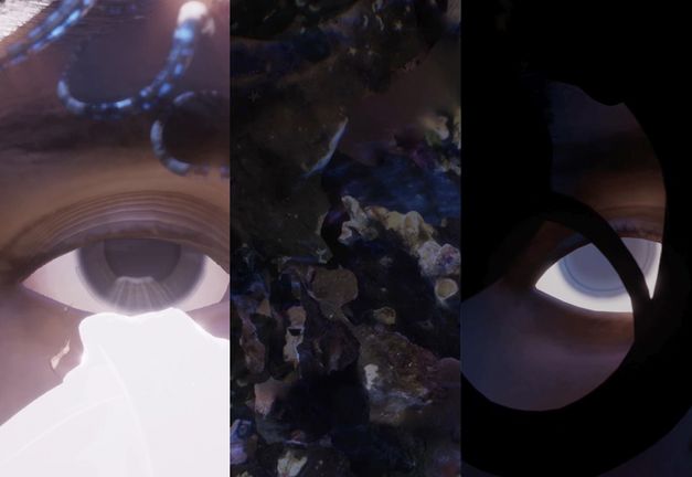 Filmstill aus dem Film „On this shore, here.“ von Jasmina Metwaly. Ein vertikal dreigeteiltes abstraktes Bild. Links und rechts eine Augenform, links im Hellen, rechts im Dunklen. In der Mitte abstrakte mineralähnliche Gebilde.