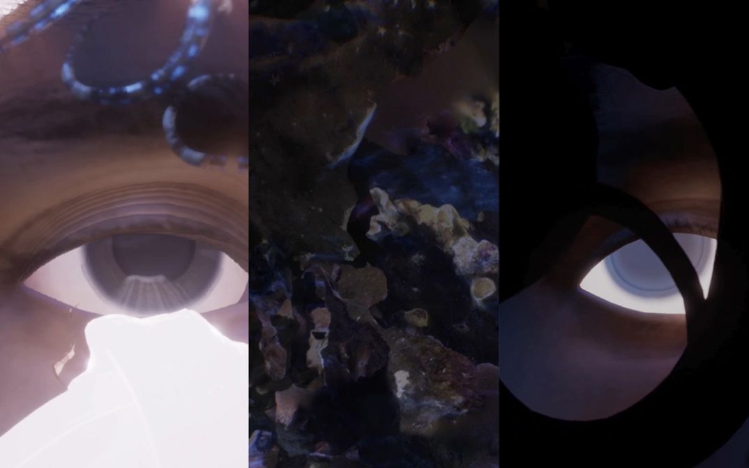 Film still from Jasmina Metwaly’s „On this shore, here.“. An abstract picture, vertically divided into three parts. On the left and the right the form of an eye, to the left in the light, to the right in the dark. In the middle a texture reminiscient of bubbly minerals.