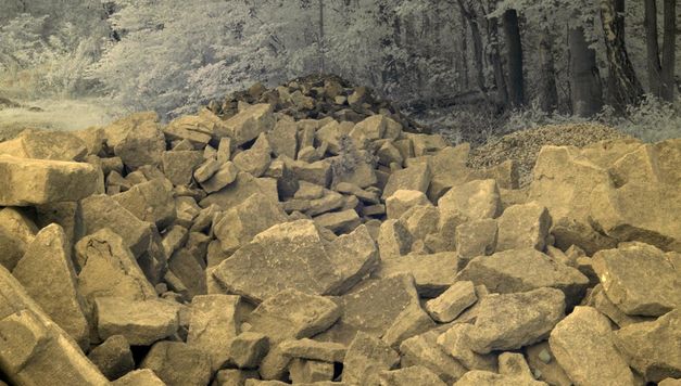 Still from the film "Sun Under Ground" by Mareike Bernien and Alex Gerbaulet. You can see a pile of stones in front of trees. The image is faded and has a yellow cast.