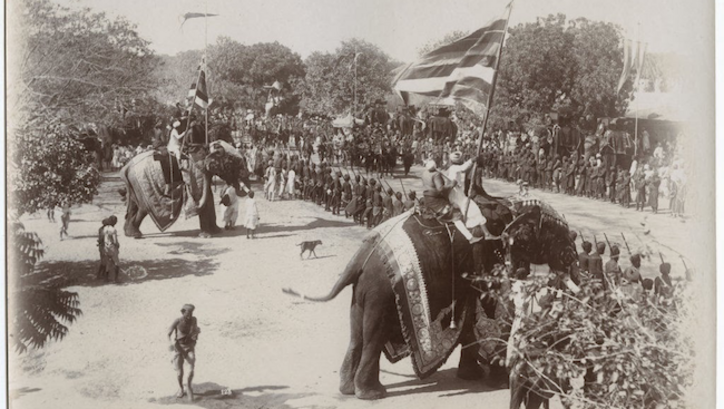 Filmstill aus DELHI DURBAR, 1903: Eine Prozession mit zwei reich geschmückten Elefanten.