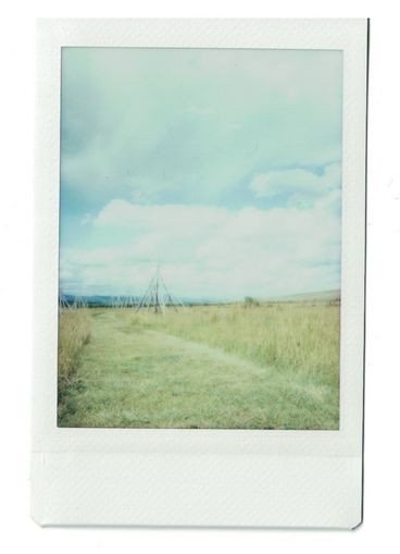 Polaroid of a pale yellow field with tipi frames in the background