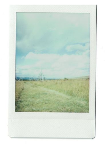 Polaroid eines gelblichen Felder mit Tipi-Gerüsten im Hintergrund.