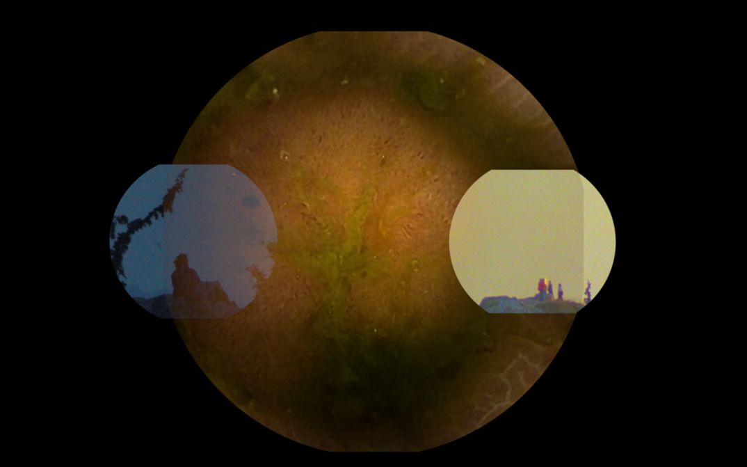 Film still from Eduardo Williams’ “Un gif larguísimo (A Very Long Gif)“. A black background. A large dark yellow circle overlaid by two smaller circles - one blue and one light yellow. 