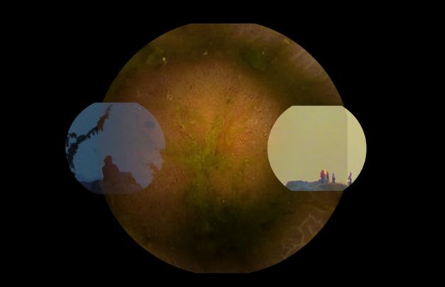 Film still from Eduardo Williams’ “Un gif larguísimo (A Very Long Gif)“. A black background. A large dark yellow circle overlaid by two smaller circles - one blue and one light yellow. 