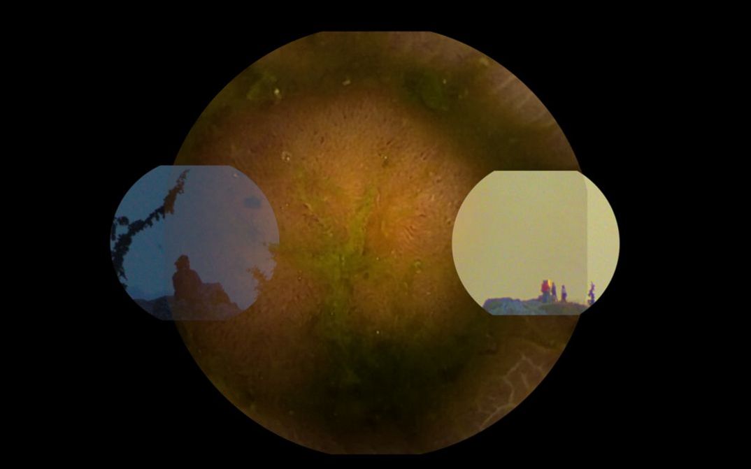 Film still from Eduardo Williams’ “Un gif larguísimo (A Very Long Gif)“. A black background. A large dark yellow circle overlaid by two smaller circles - one blue and one light yellow.