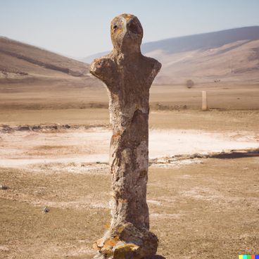 A photorealistic image of a narrow, anthropomorphic rock structure, standing in a pale, greenish-brown plateau with hills in the background.