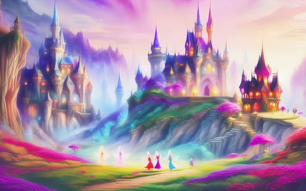 An AI-generated image of three Disney-style castles in a mountain landscape bathed in rainbow colors. 