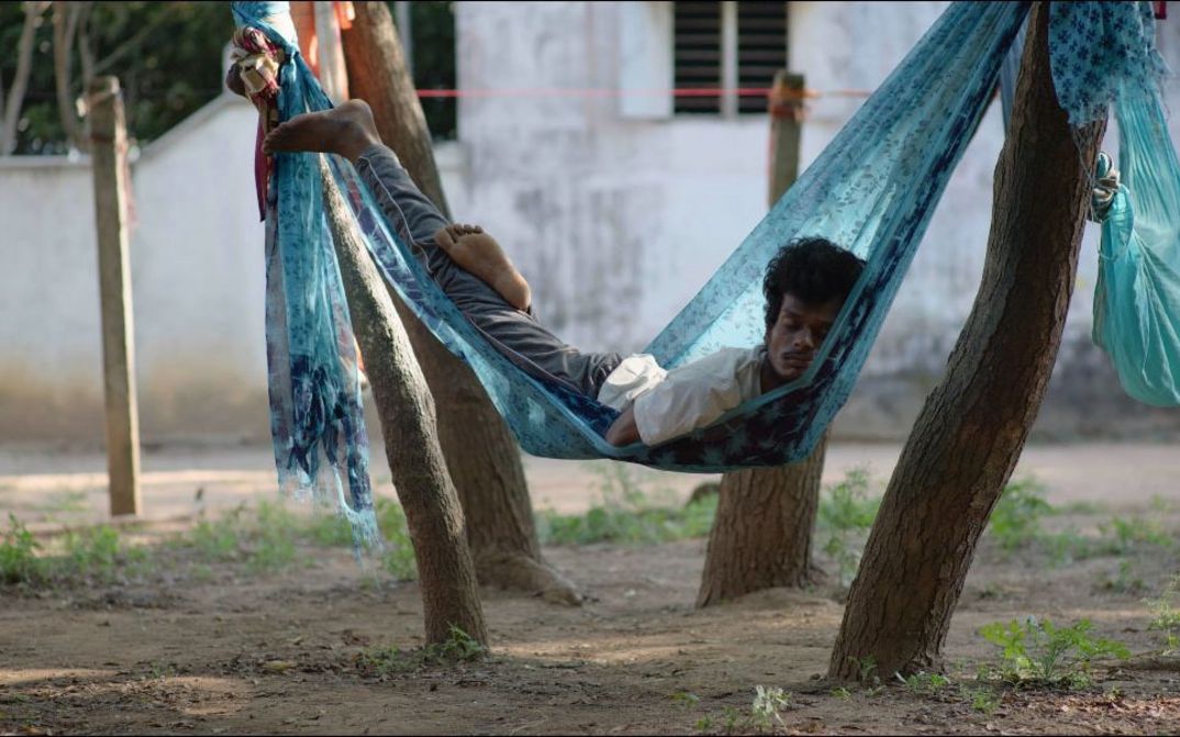 Ein junger Mann schläft in Hängematte zwischen Bäumen in ruhigem Hof.