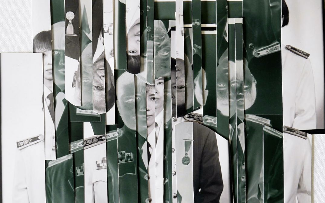 Still from the film "Parasite Family" by Prapat Jiwarangsan. Cut up portrait photos are arranged like collages.