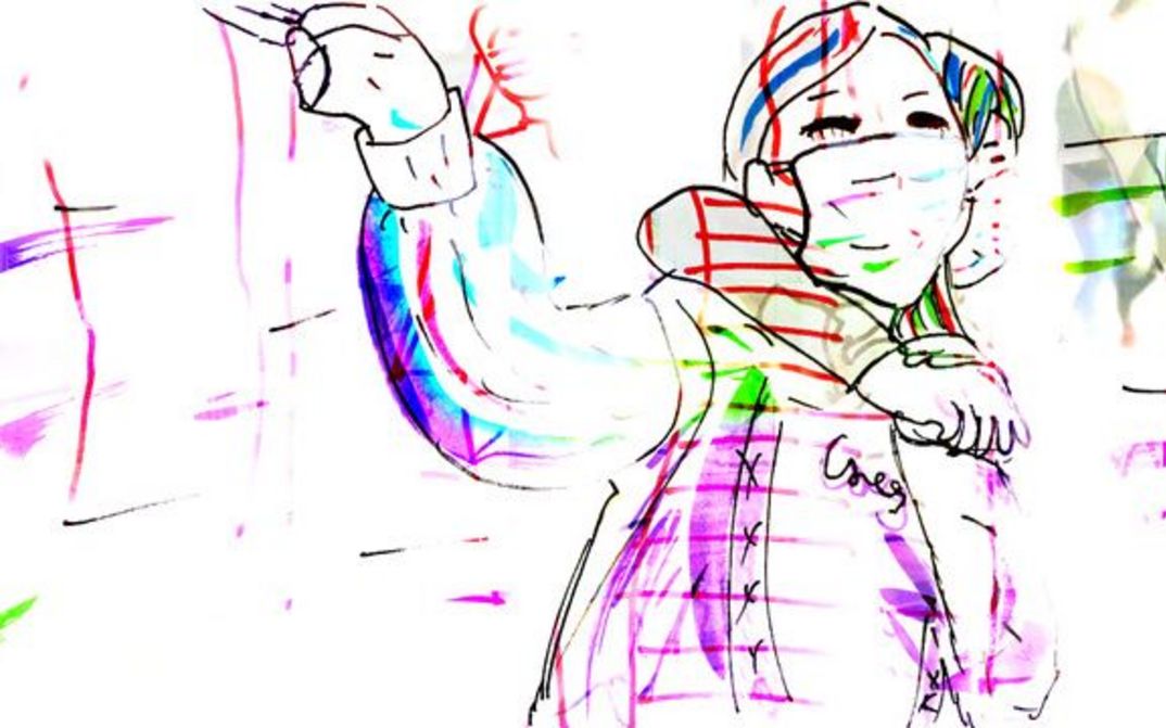 Film still from MY SCHOOL: A watercolor drawing of a person with a mask.