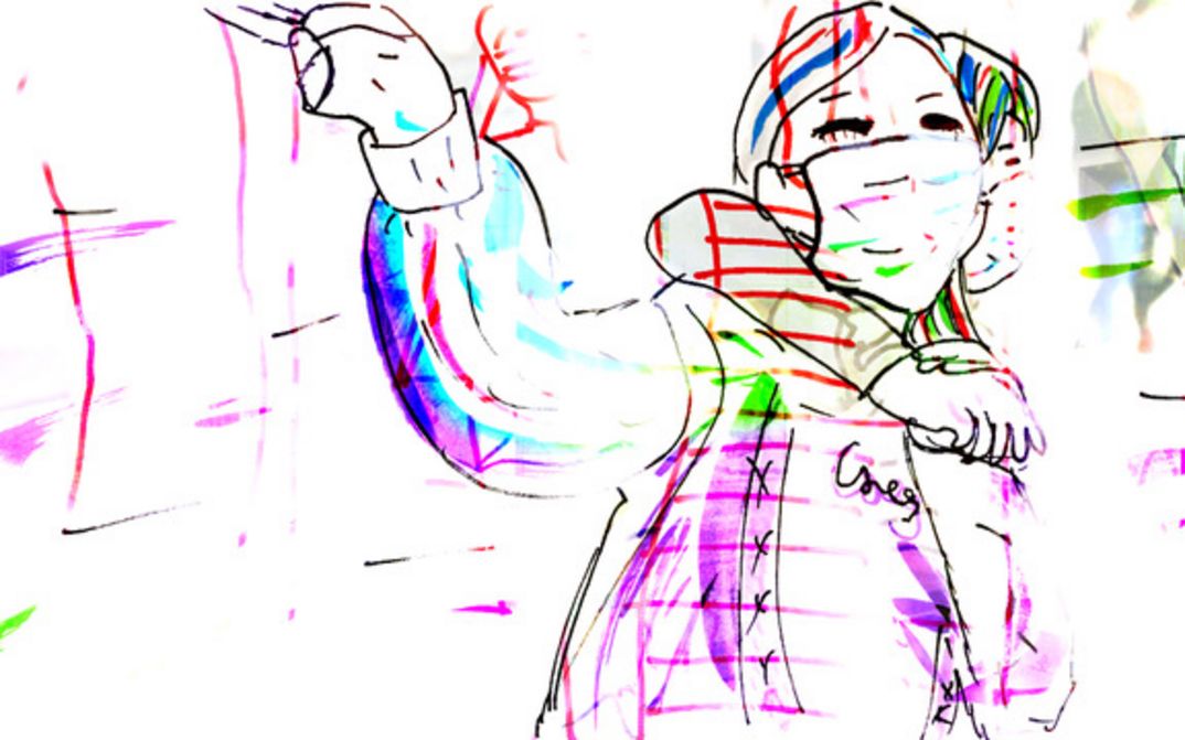Film still from MY SCHOOL: A watercolor drawing of a person with a mask.