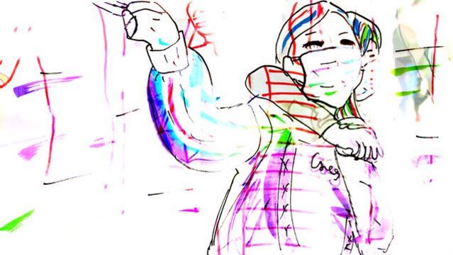 Film still from MY SCHOOL: A watercolor drawing of a person with a mask.