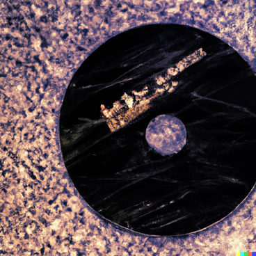 An image resembling a black CD with obscured text placed on greyish-purple concrete.
