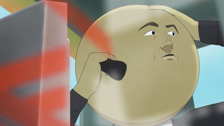 Film still from MIX: A drawing of a round head with a telephone receiver held up to it.
