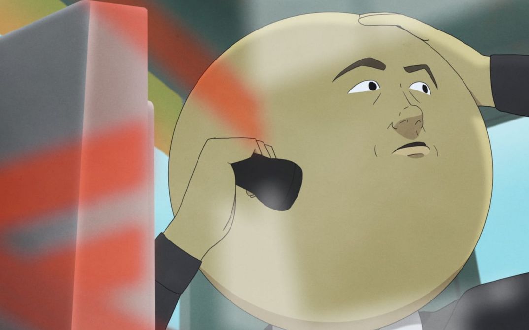 Film still from MIX: A drawing of a round head with a telephone receiver held up to it.