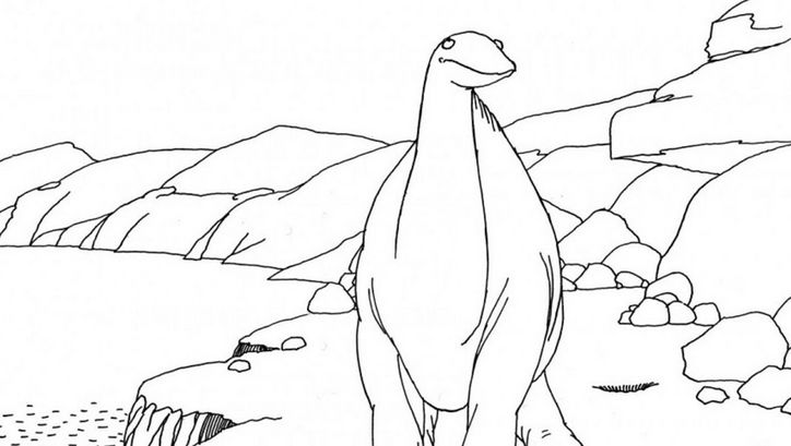 Filmstill from GERTIE THE DINOSAUR. A drawn dinosaur on a shore.